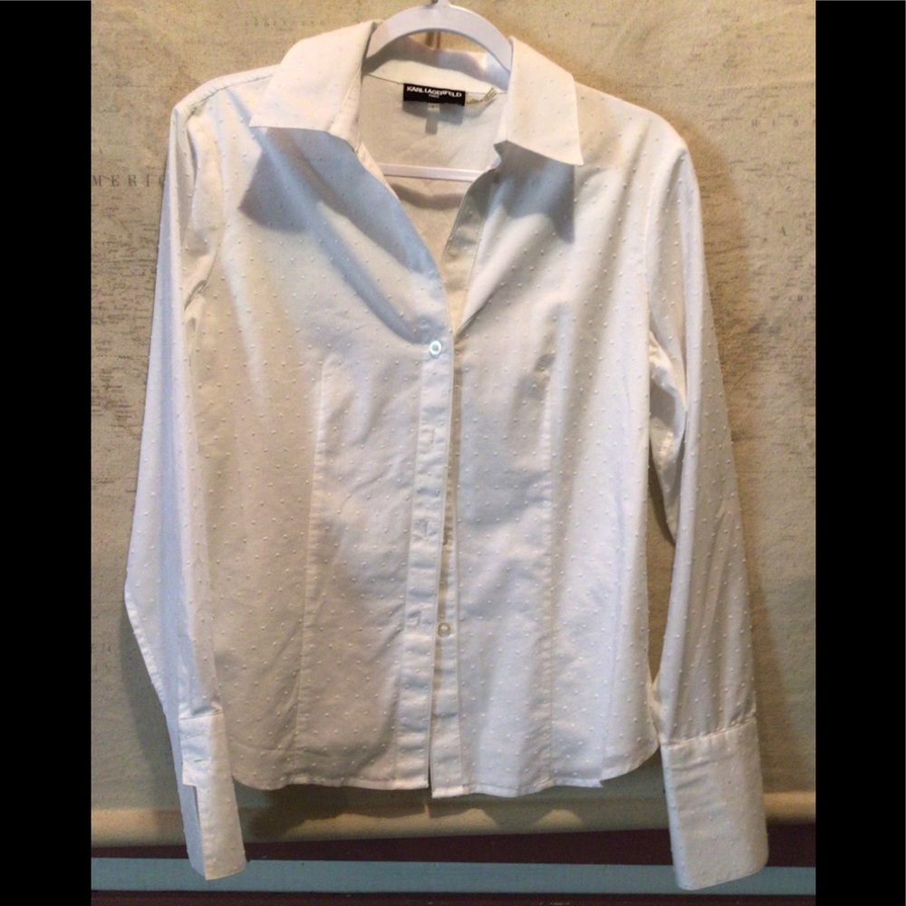 EUC Karl Lagerfeld White Dotted Swiss Button Down